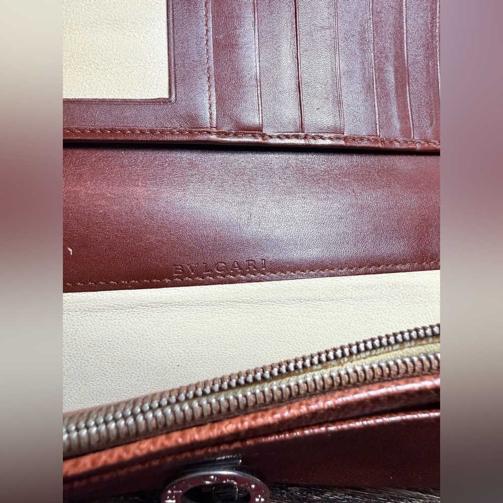 BVLGARI Leather Long Wallet with Silver-Tone Ring Closure - Brown - Picture 6 of 12